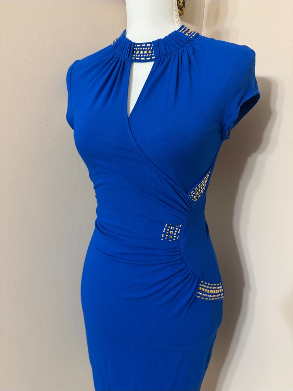 Cache Cobalt Blue Embellished Midi stretchy Dress beaded accents keyhole